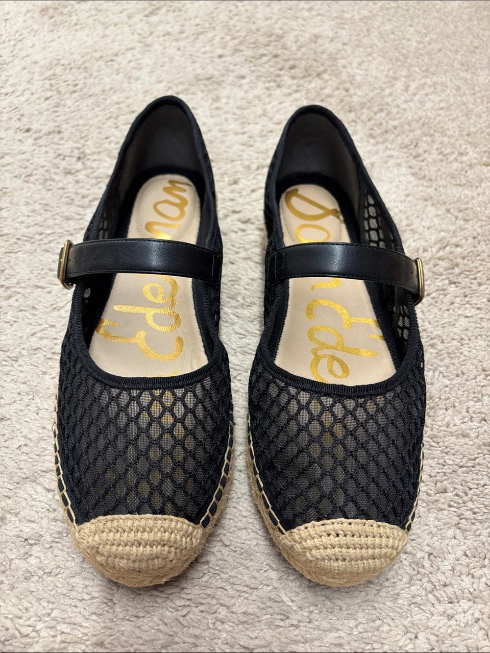 Sam Edelman Black Mesh Mary Jane Espadrilles with Natural Jute Toe